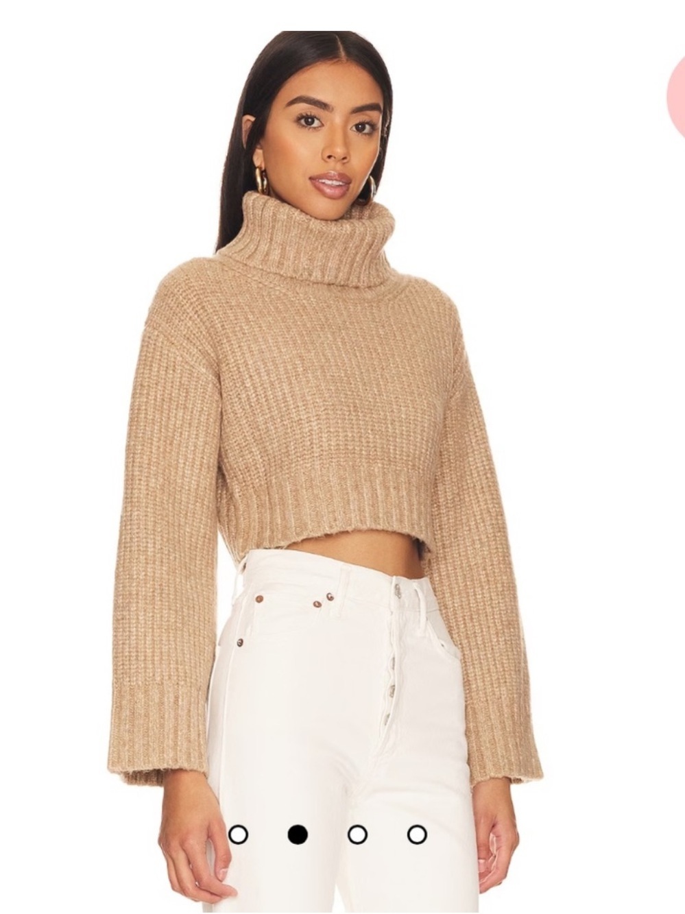Lovers + Friends Feya Cropped Turtleneck Sweater Beige Chunky Knit S